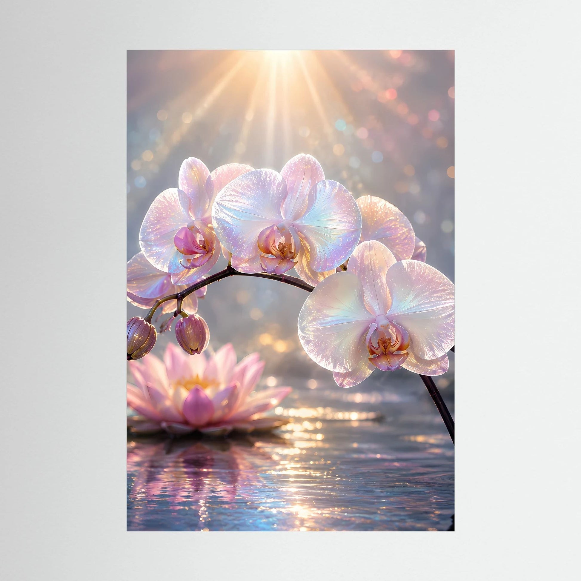 Hochformat-Poster mit Perlmutt-Orchideen und Lotusblüte über spiegelndem Wasser