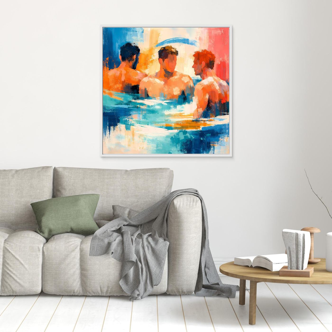 Small abstract canvas wall art with three swimming figures in blue, orange, and red; white frame