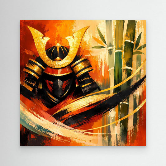 Leinwand-Wandbild mit abstraktem Samurai-Krieger und Bambus, warmes Rot-Orange