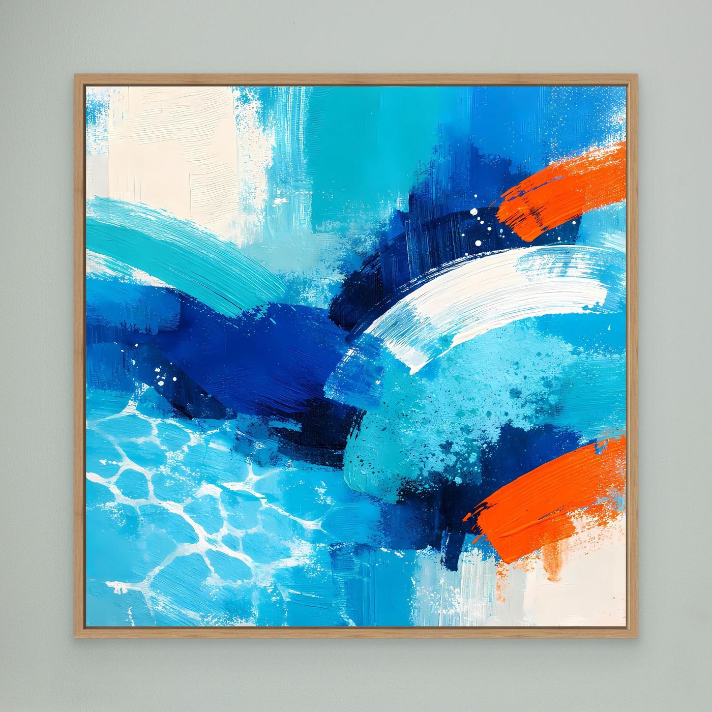 Abstract sea wave canvas wall art in blue with orange accents, oak wood frame