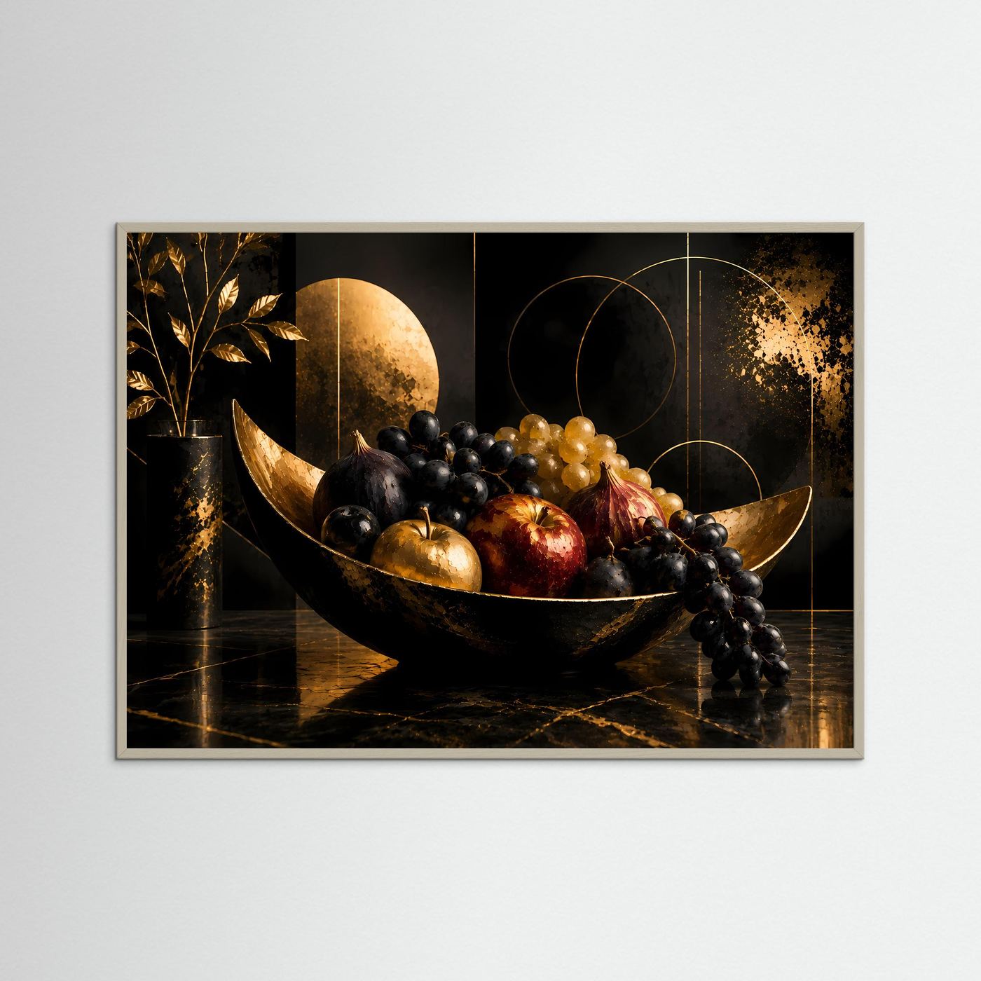 Poster Querformat mit schwarzer Obstschale, Trauben und Früchten; hellbrauner Rahmen