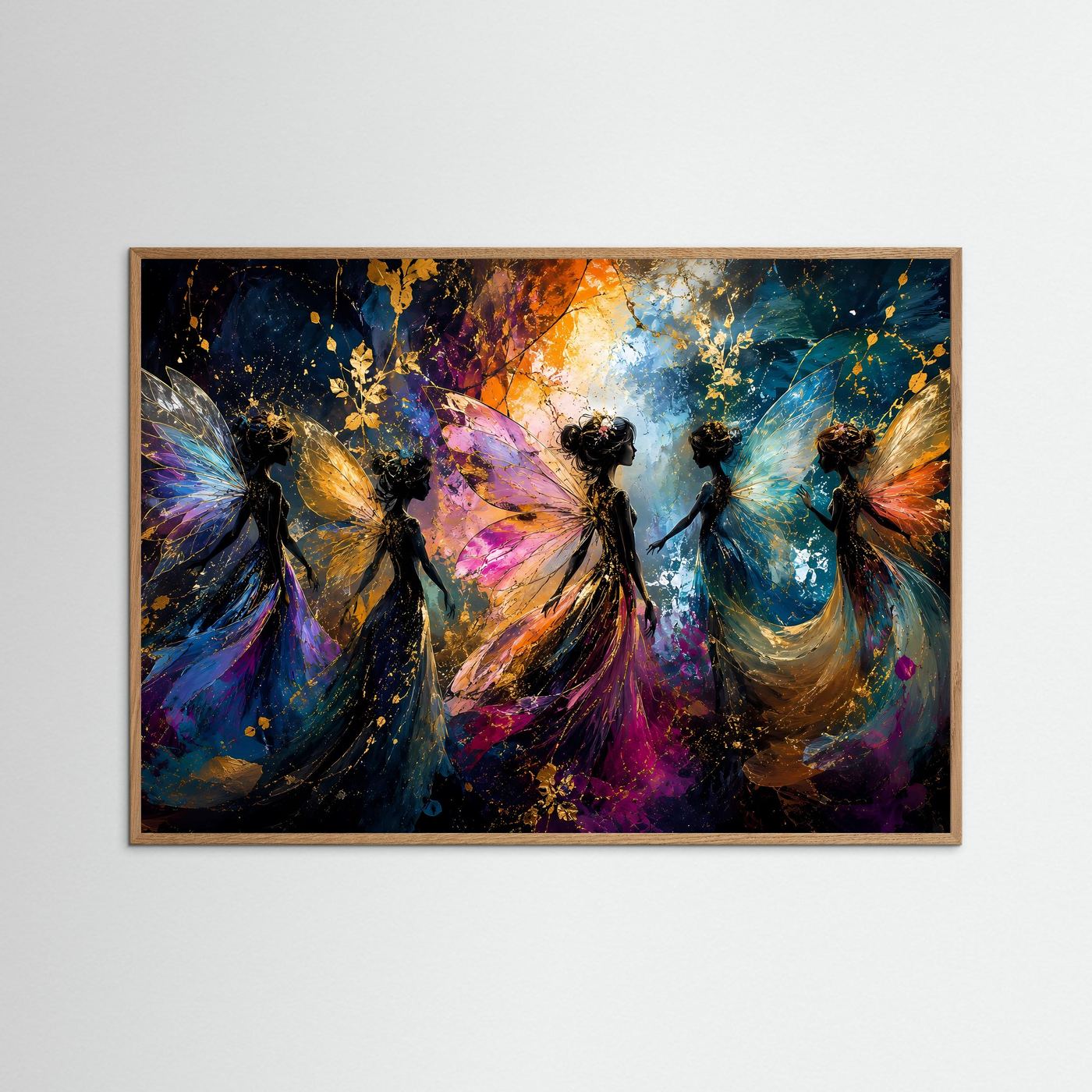 Fantasy-Poster im Querformat mit Elfen und Flügeln, heller Eichenrahmen