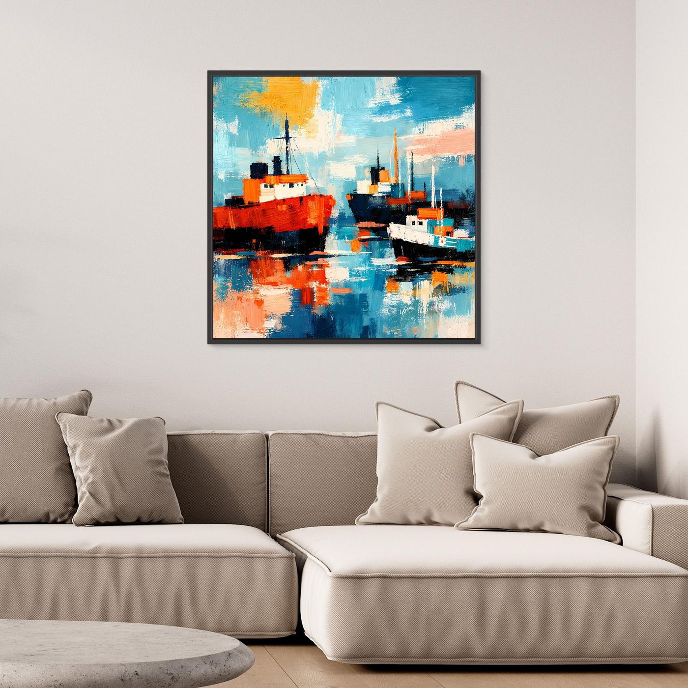 Maritimes Leinwand-Wandbild mit zwei Schiffen im abstrakten Farbspiel, schwarzer Rahmen.