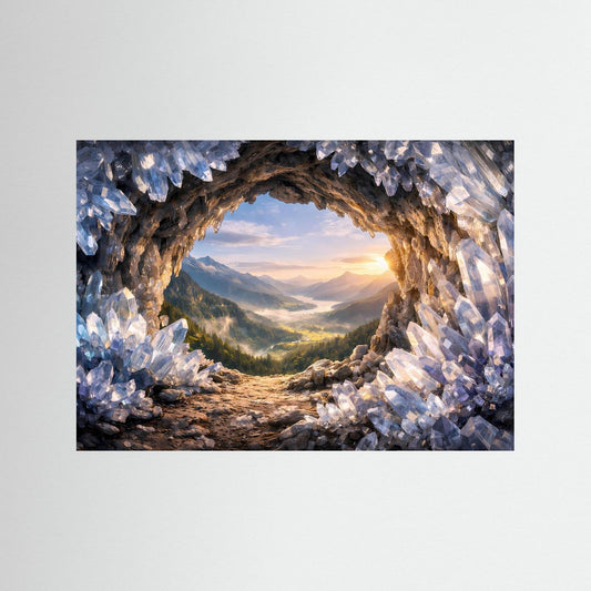 Poster im Querformat mit Kristallhöhle und Blick ins Almental bei Sonnenaufgang