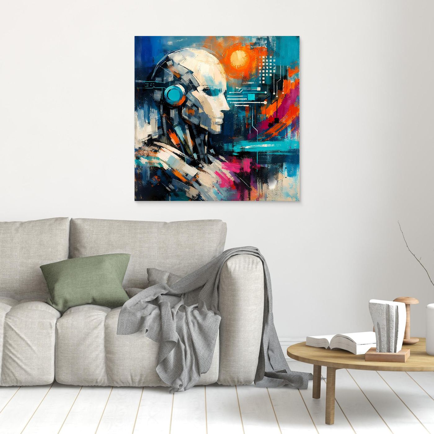 Small abstract robot face canvas with blue, orange, and magenta paint strokes in a black frame