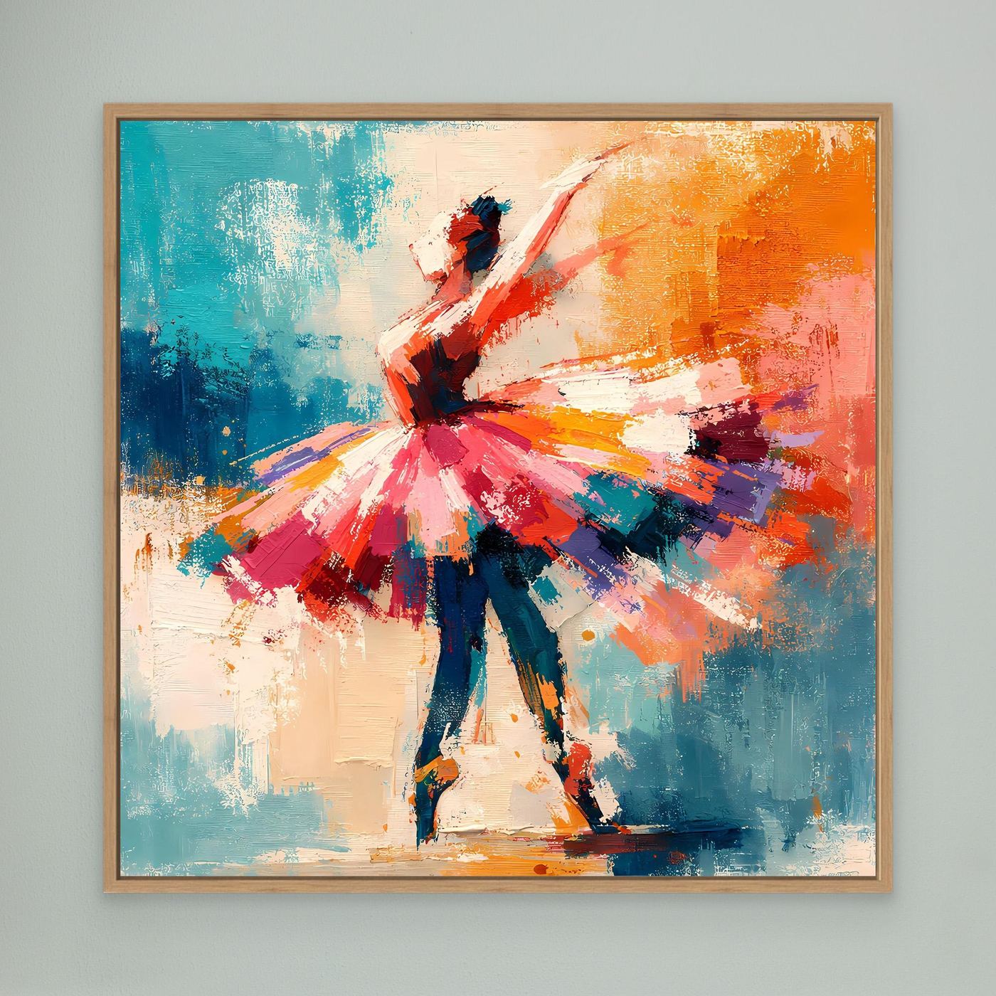 Abstract ballerina wall art in an oak wood frame, red tutu dancer with teal, blue, orange