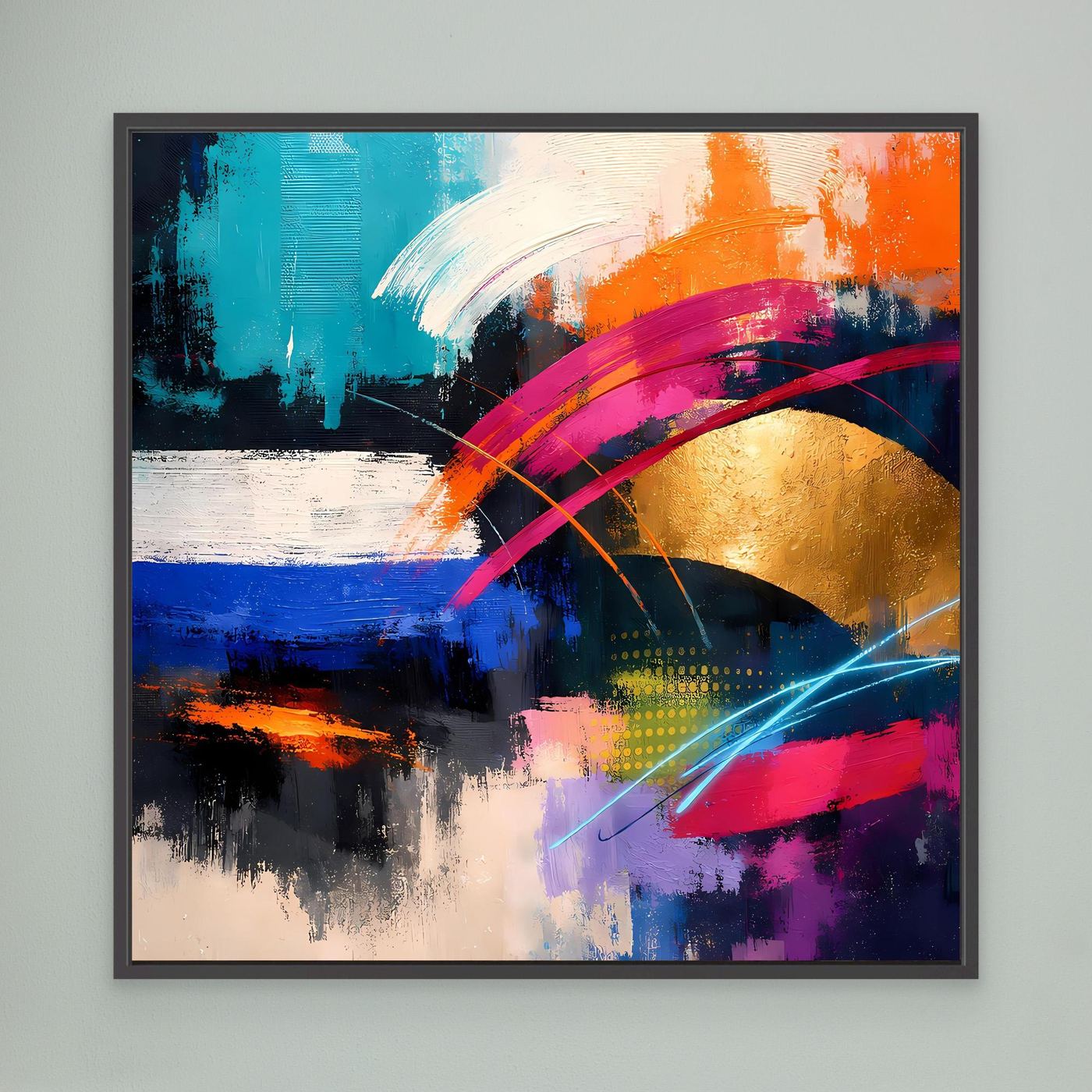 Leinwandbild Abstrakt mit Goldkreis, Orange-Blau-Akzenten und schwarzem Rahmen