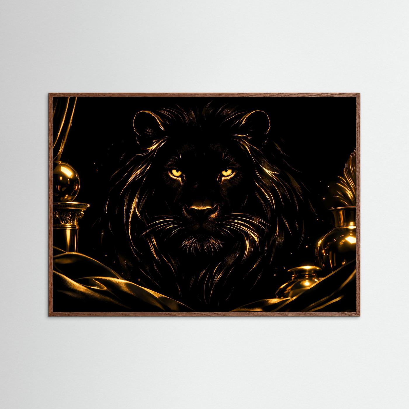 Majestätischer Schwarzer Löwe in Gold | Edles Tier Kunst & Luxus Wandbild Querformat