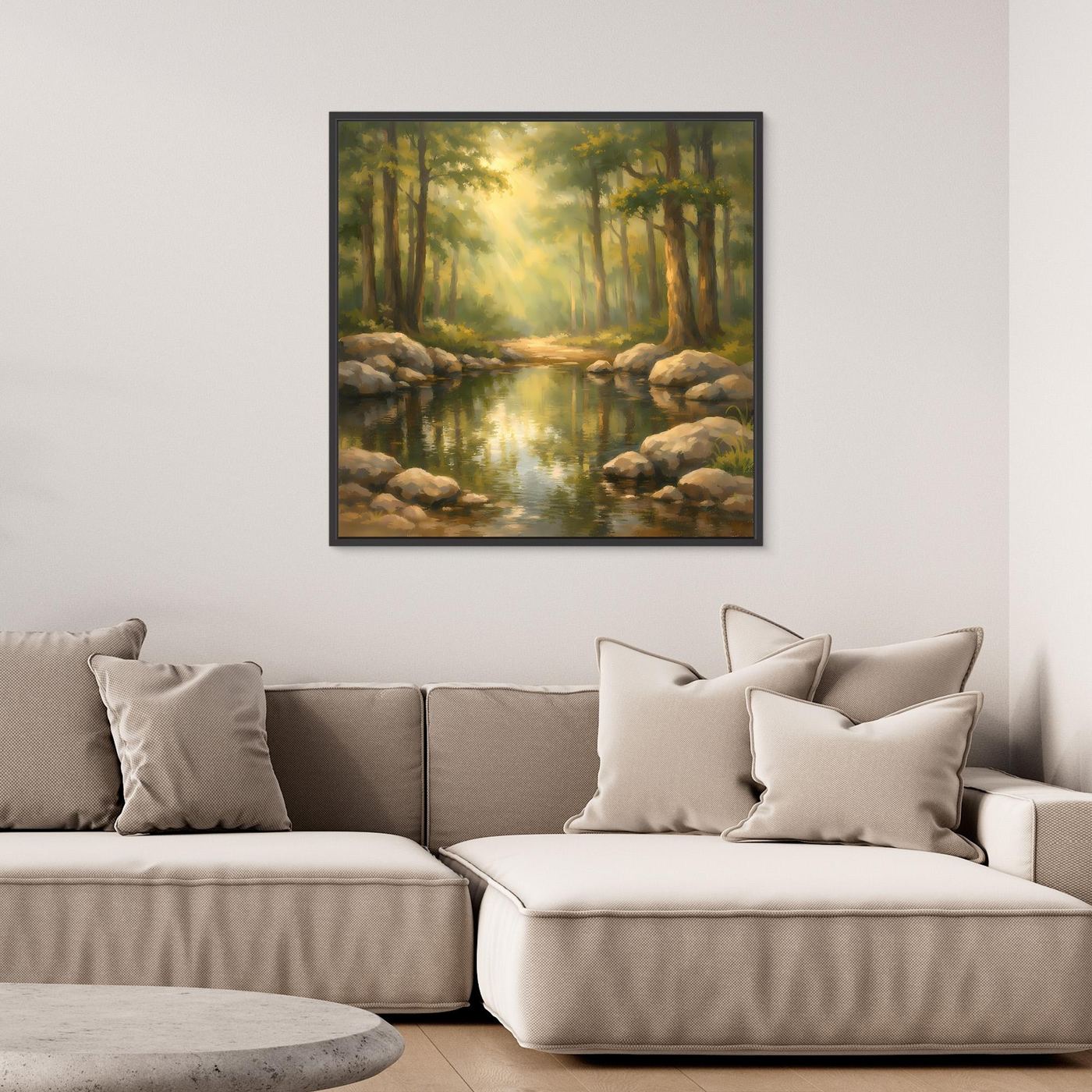 Gerahmtes Leinwandbild mit Bach im Wald bei Sonnenlicht, Felssteine am Ufer, dunkler Rahmen.