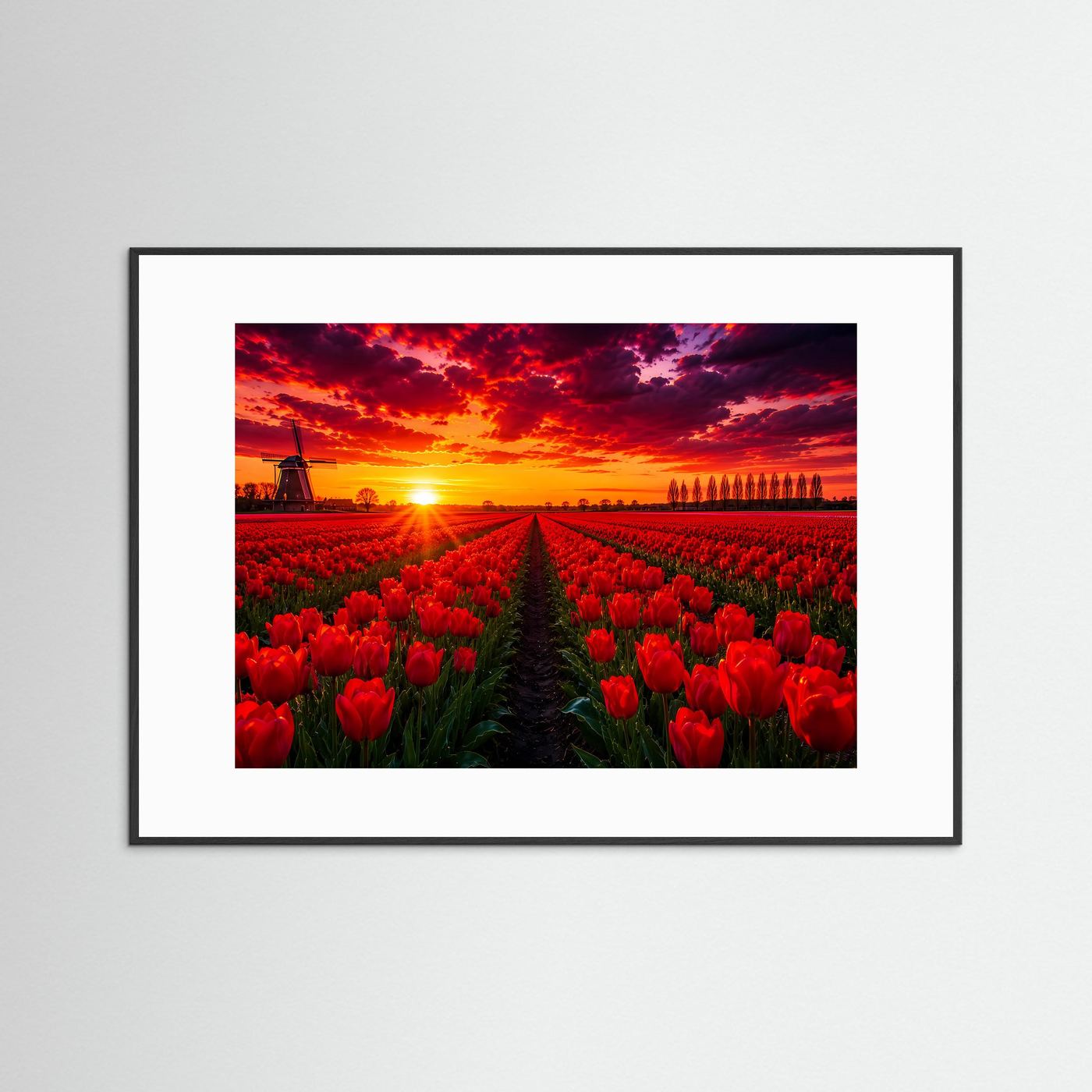 Poster mit weißem Passepartout, rotes Tulpenfeld, Windmühle und Sonnenuntergang, schwarzer Rahmen