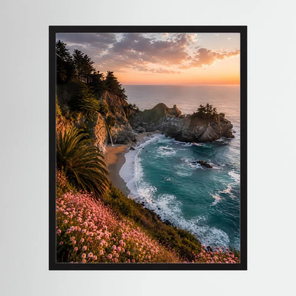 Hochformatiges Kunstposter im schwarzen Rahmen mit Felsküste, türkisblauem Meer und Blumen
