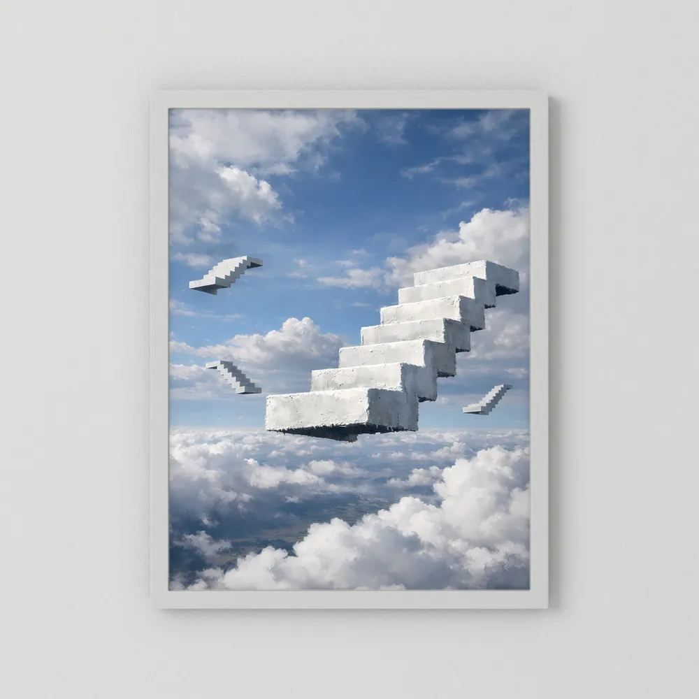 Hochformatiges Poster mit schwebender Treppe über Wolken, weißer Rahmen