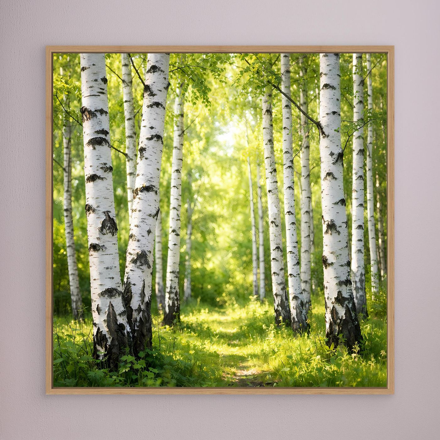 Leinwandbild Birkenwald mit Sonnenlicht, Holzrahmen (Eiche)