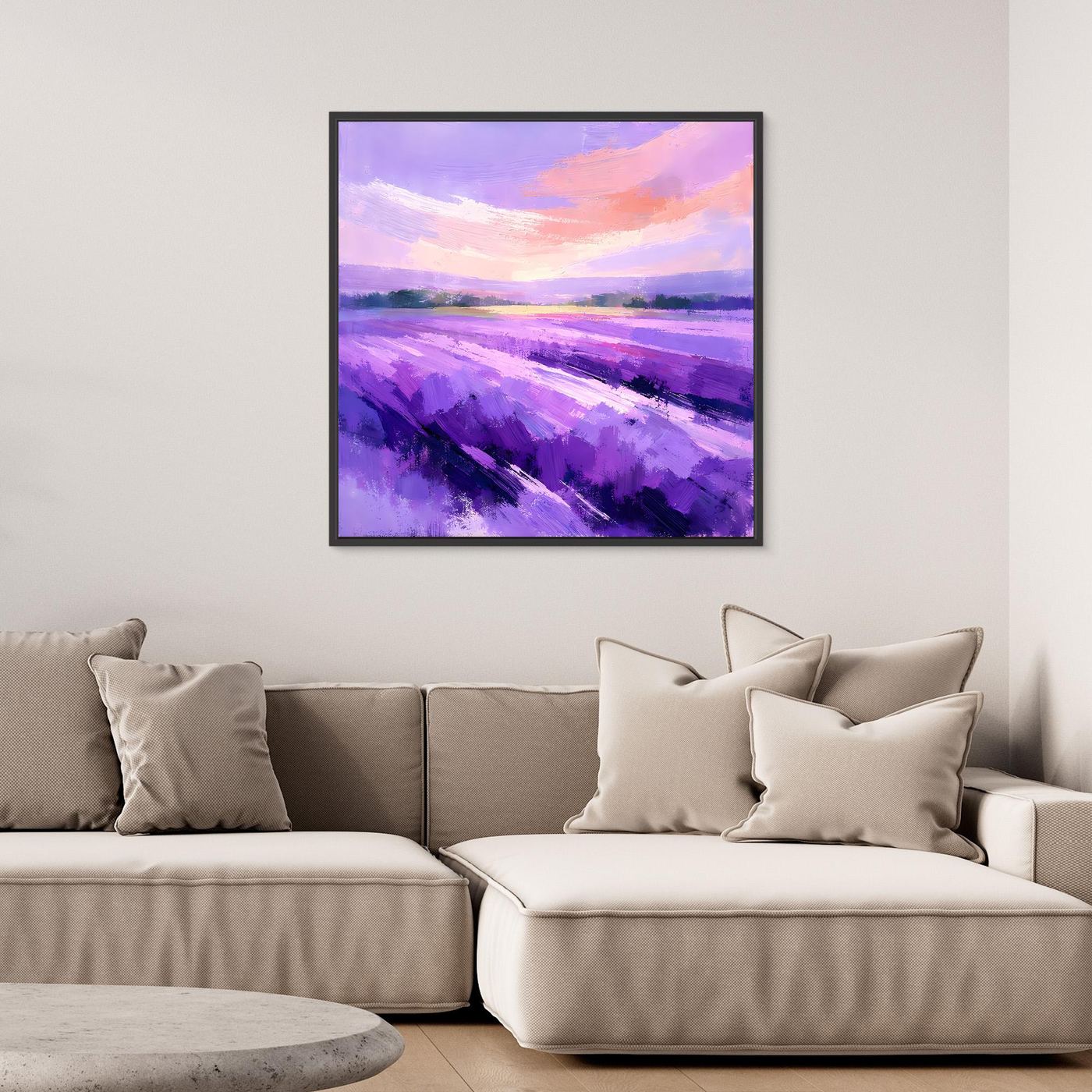 Leinwand Abstraktes Lavendelfeld im Abendlicht | Modernes Provence Wandbild Lila