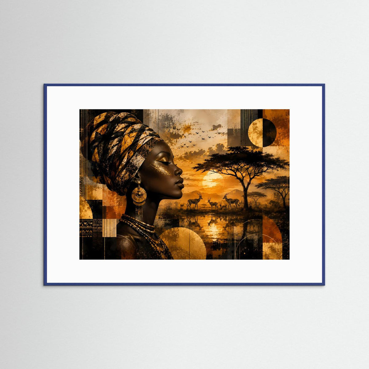 Horizontales Wandbild mit Porträt einer Frau in goldener Sonnenuntergangszene, im blauen Rahmen