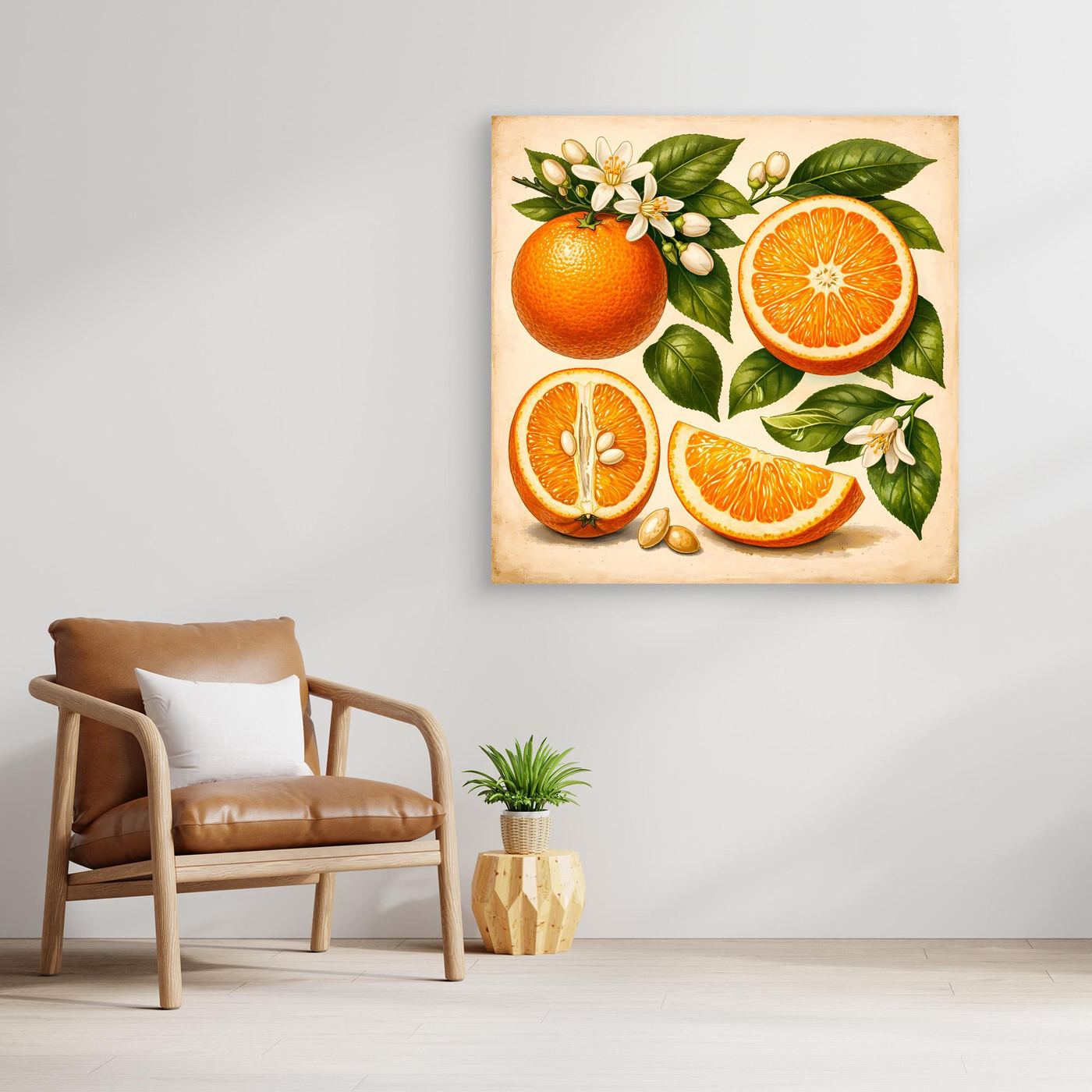 Leinwandbild mit Orangenfrüchten, Scheiben mit Fruchtfleisch und Blättern, Holzrahmen