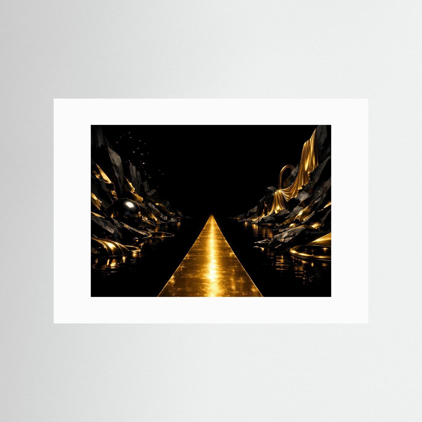 Goldener Pfad in Mystischer Felslandschaft | Luxus Kunst & Elegante Wanddeko Querformat