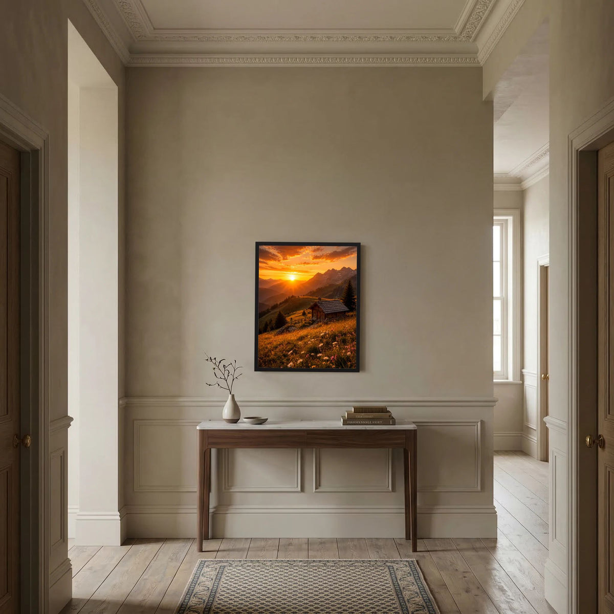 Hochformat-Poster mit Alpenhütte im Sonnenuntergang, gerahmter Druck