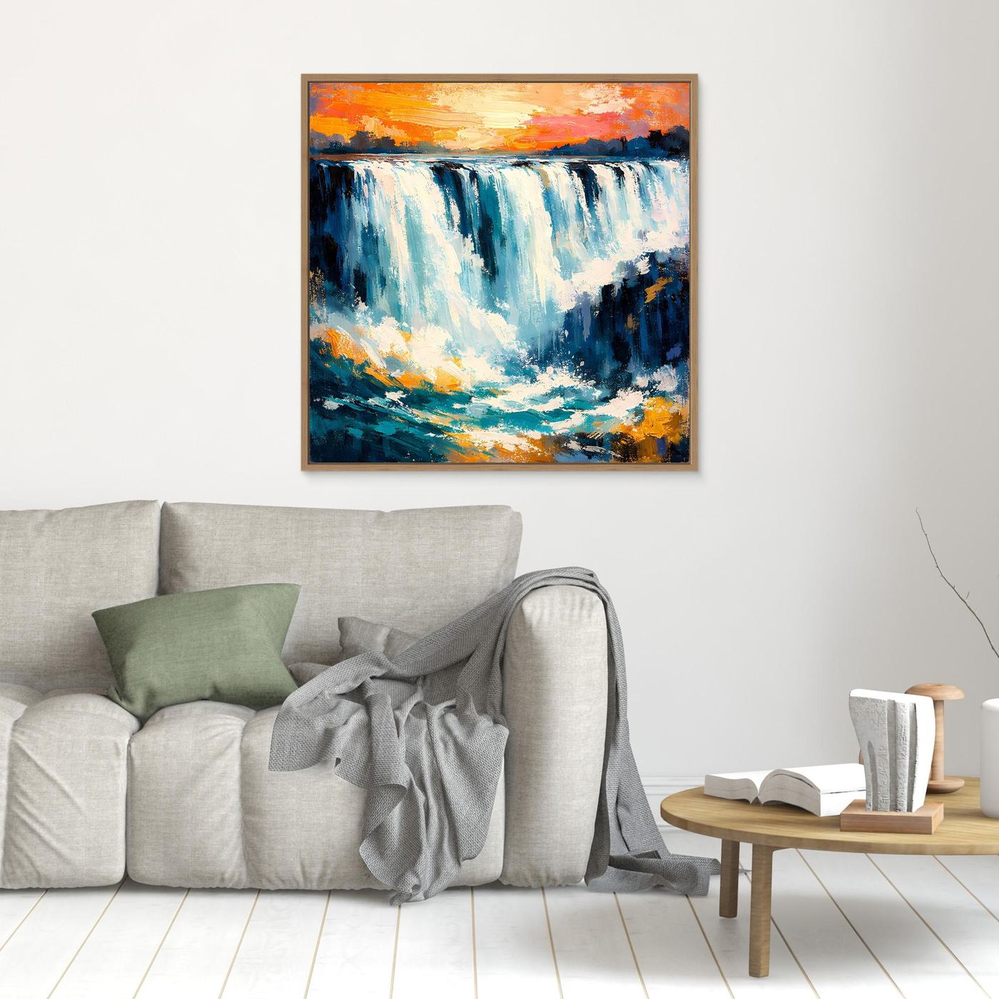 Gerahmtes Leinwandbild mit Wasserfall-Optik in Blau und Orange, brauner Rahmen.