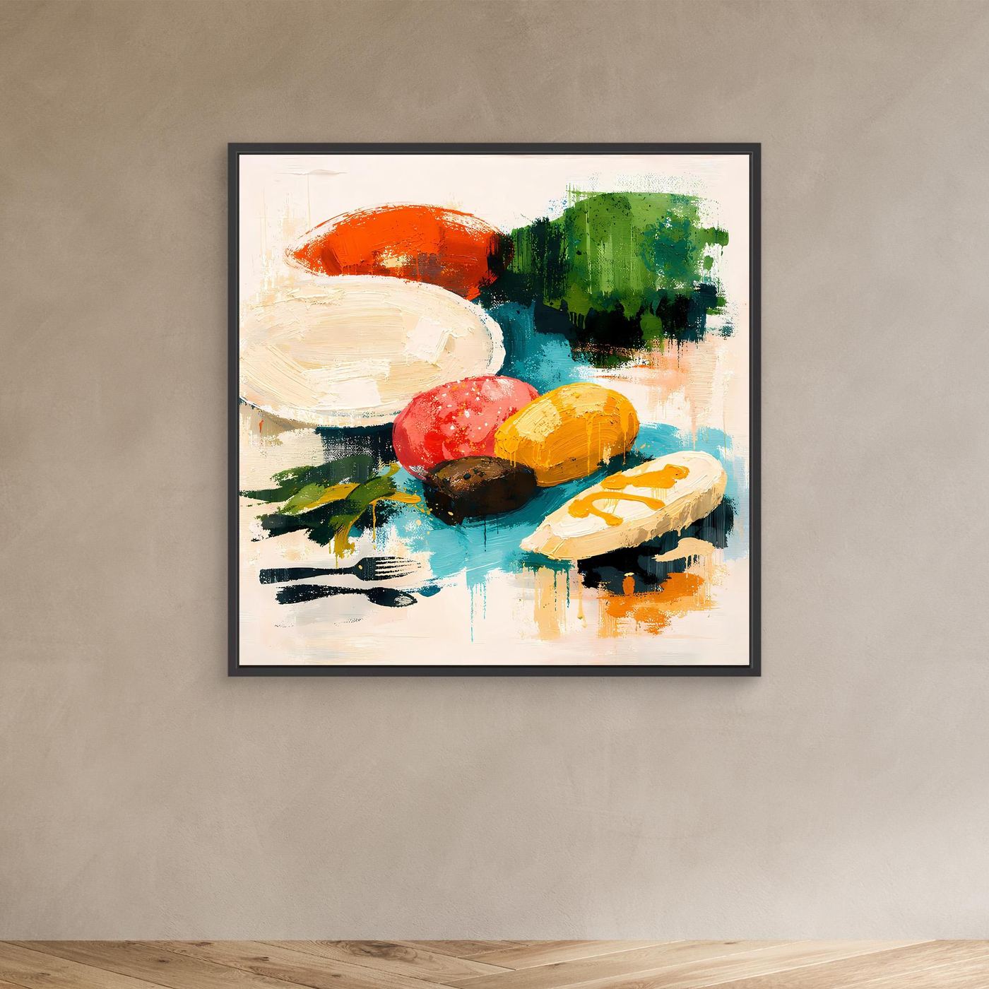 Abstraktes Leinwand-Wandbild mit Pinselstrich-Optik und farbigen Lebensmittelmotiven im schwarzen Rahmen