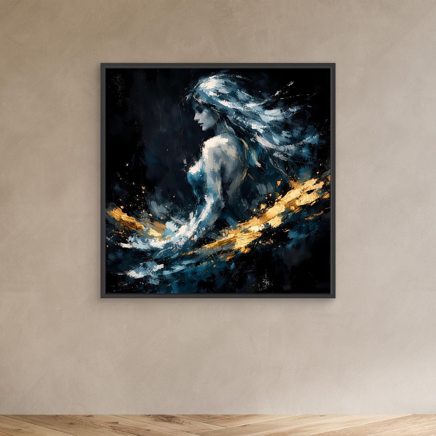 Leinwand Mystische Frauen-Figur in Blau und Gold | Modernes Abstraktes Fantasie Wandbild