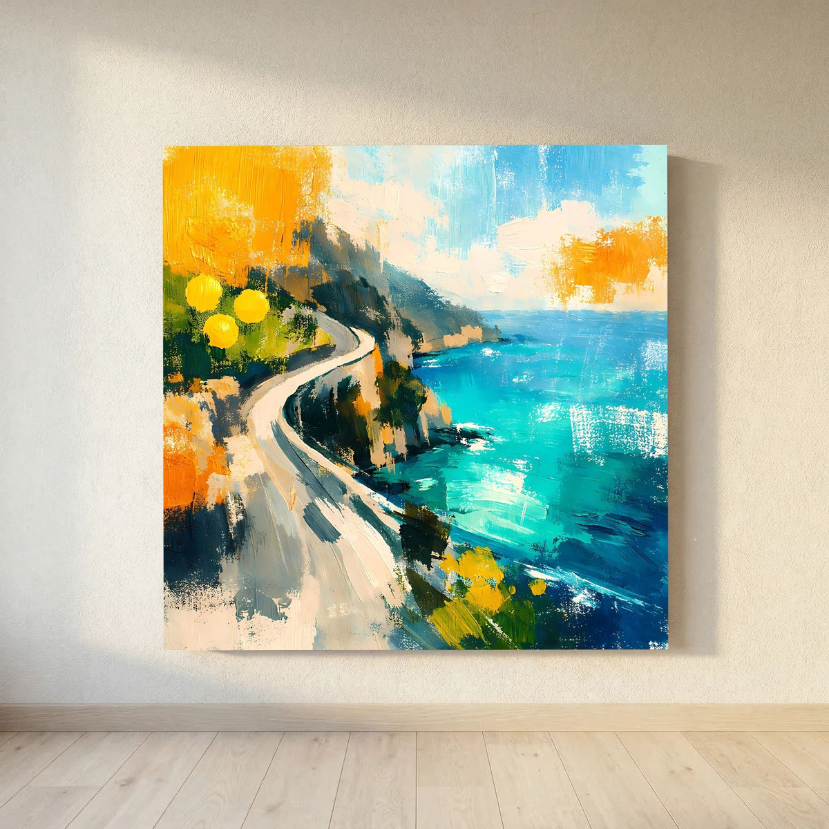 Abstraktes Leinwand-Wandbild mit Straße am Meer, leuchtenden Gelb- und Blaunuancen