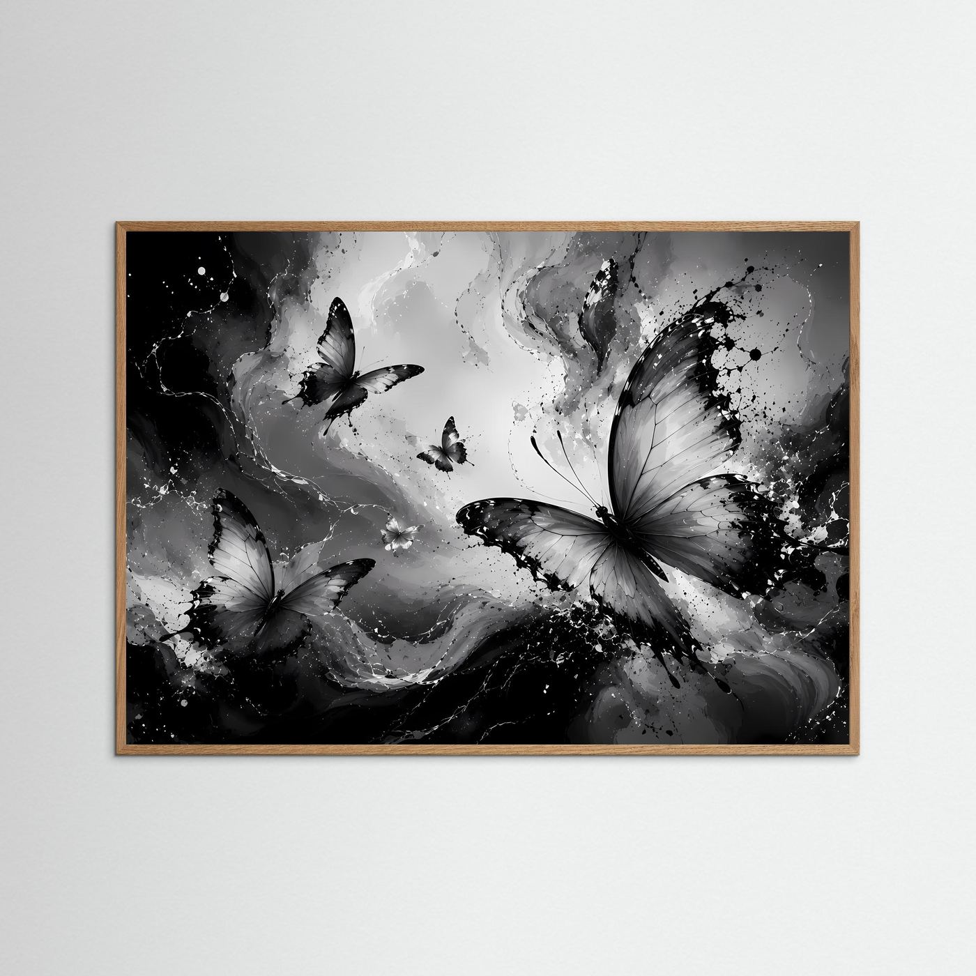 Schmetterlinge Schwarz Weiß Poster Querformat | Abstrakte Butterfly Wandkunst Modern | Monochrome Leinwandkunst