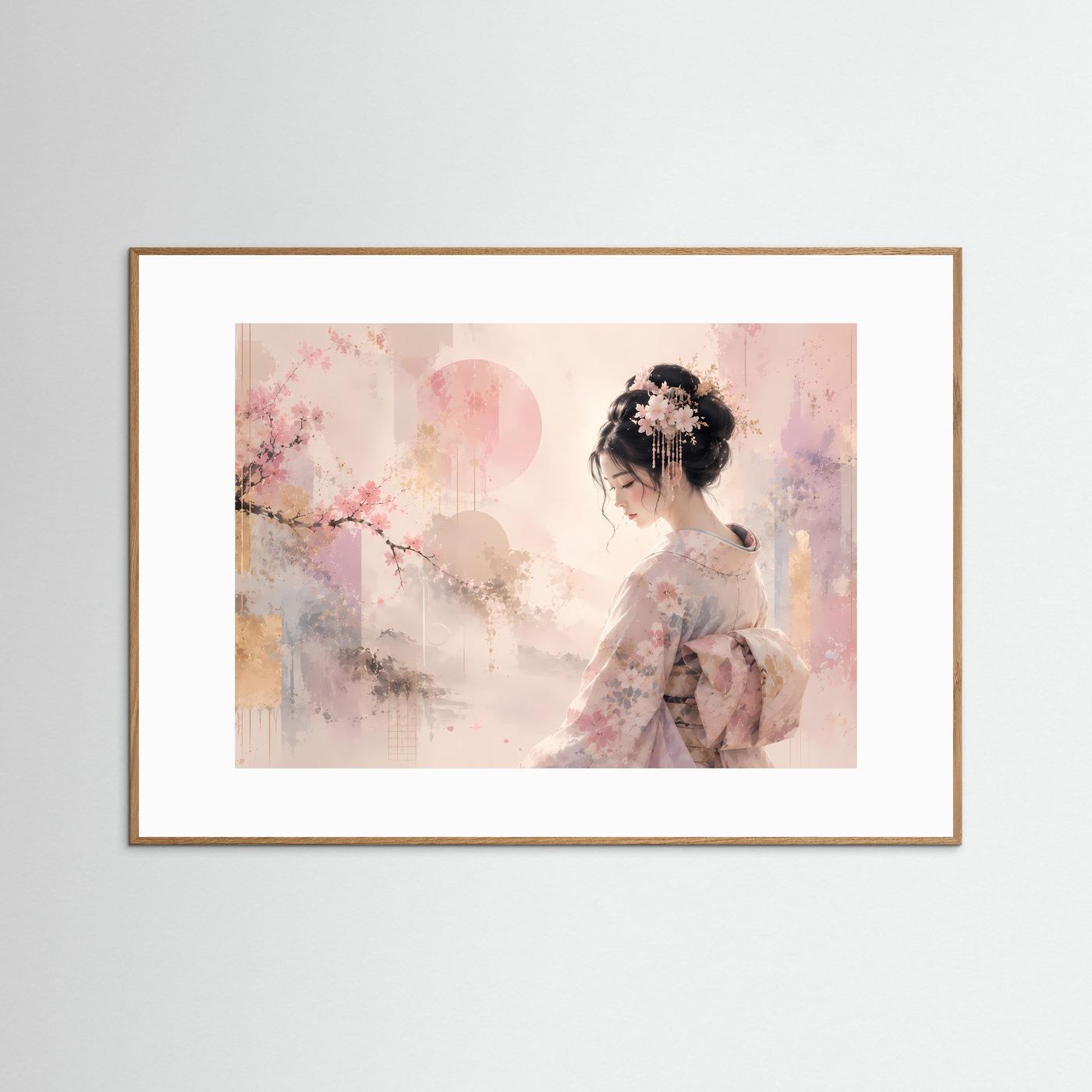 Japanische Geisha mit Kirschblüten | Elegante Pastell Kunst