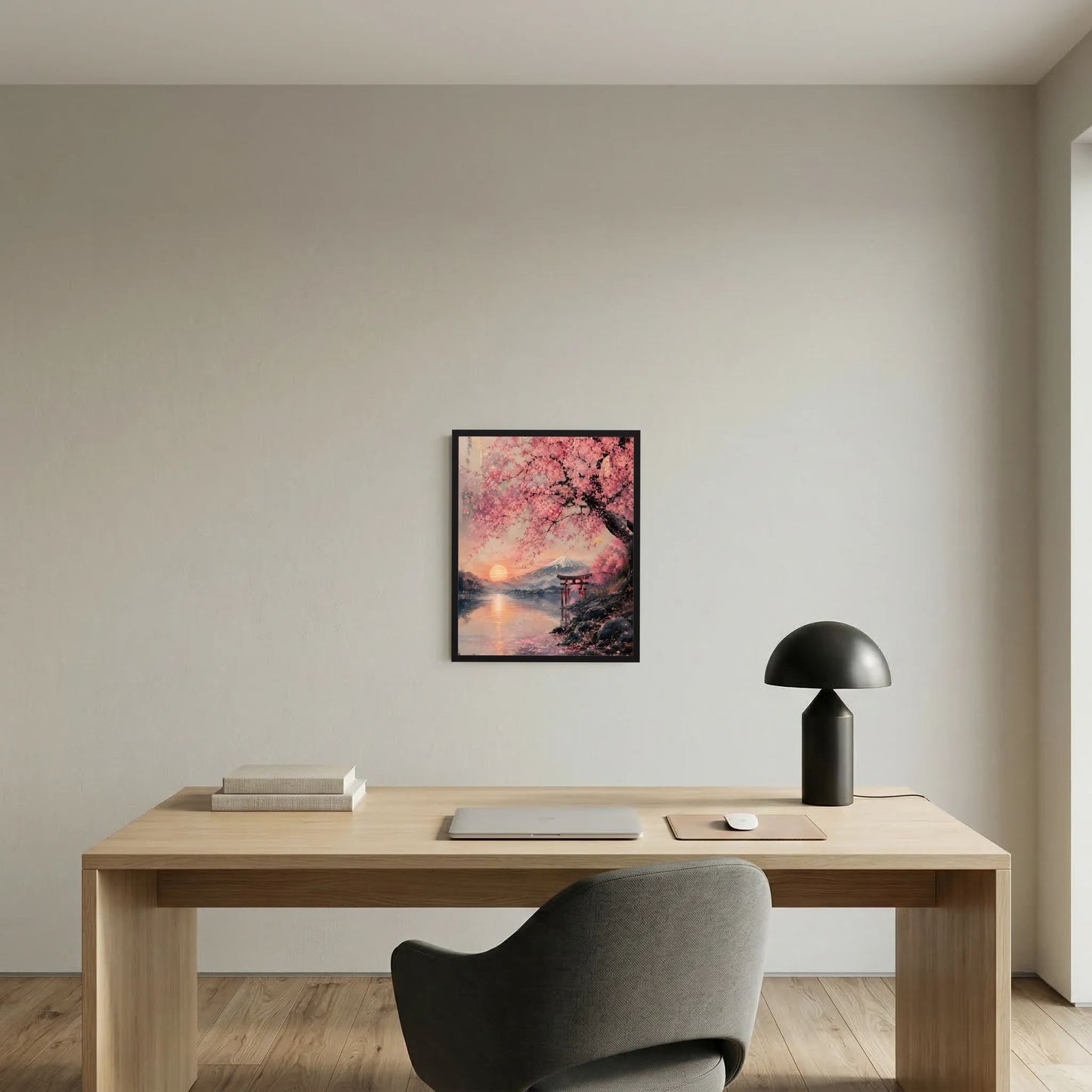 Wandposter im Hochformat: Kirschblüten über Wasser mit Fuji und Torii bei Sonnenaufgang