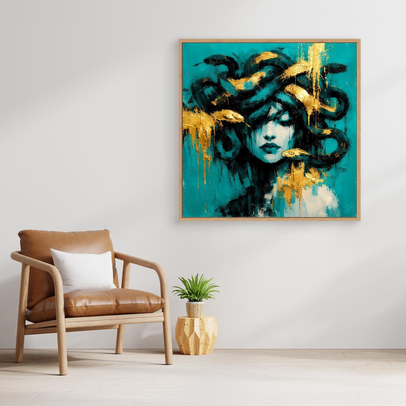 Leinwand Mythische Medusa in Türkis und Gold | Abstraktes Gorgonen Wandbild