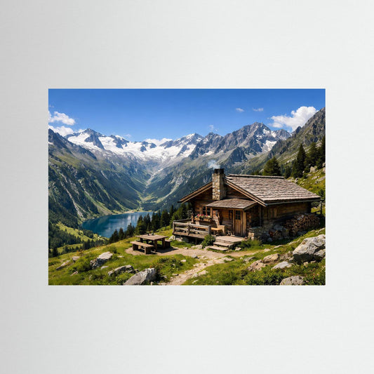 Querformat-Poster mit Berghütte in den Alpen, Terrasse und Tal mit See