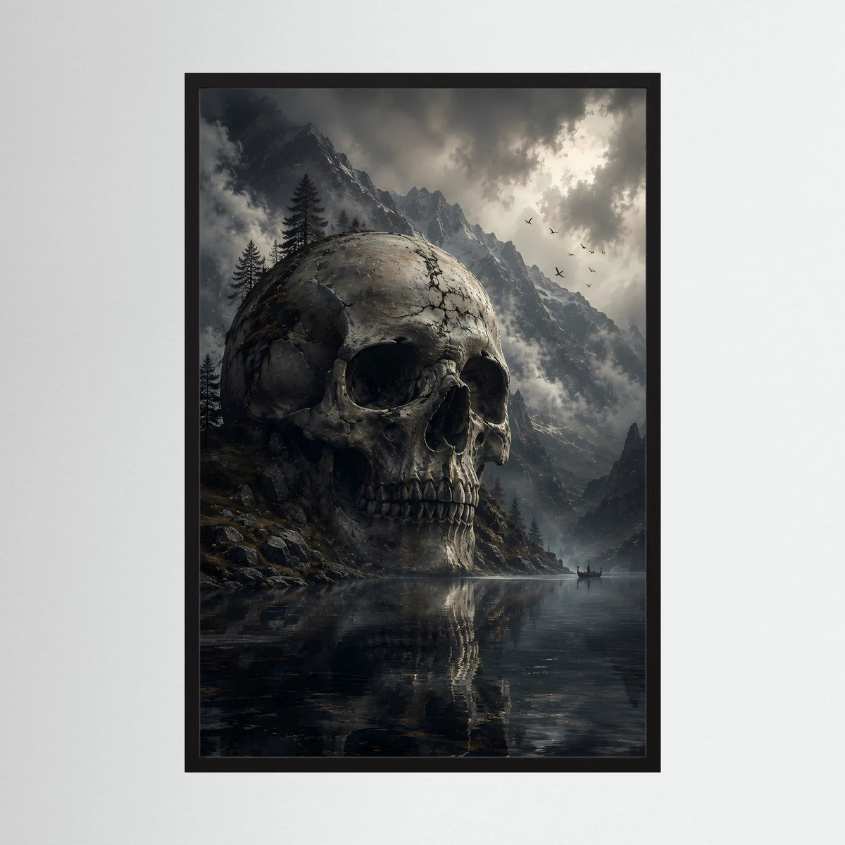 Poster mit großem Totenschädel über Bergsee in dunkler, nebliger Landschaft, schwarzer Rahmen