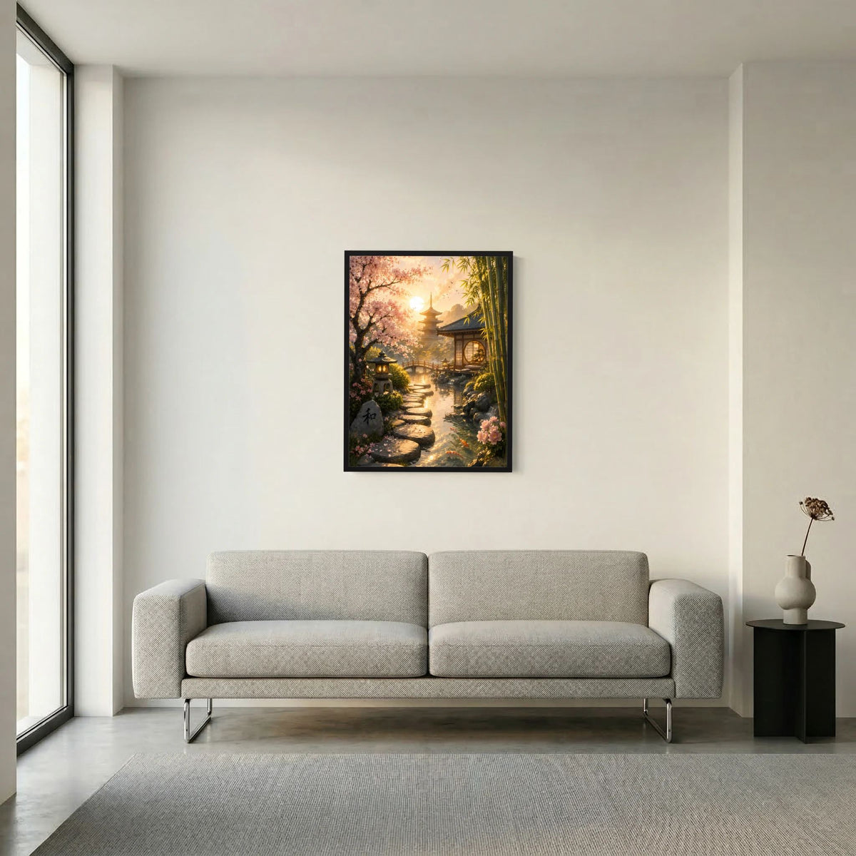 Hochformat-Poster: Kirschblüten, Bambus und Weg zur Pagode, im dunklen Rahmen