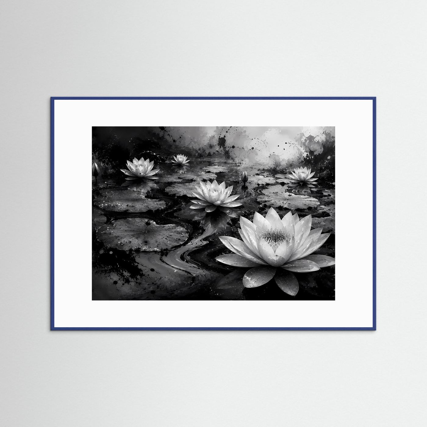 Weiße Seerosen auf schwarzem Wasser | Elegante Schwarz-Weiß Naturkunst – Moderner Lotus Teich