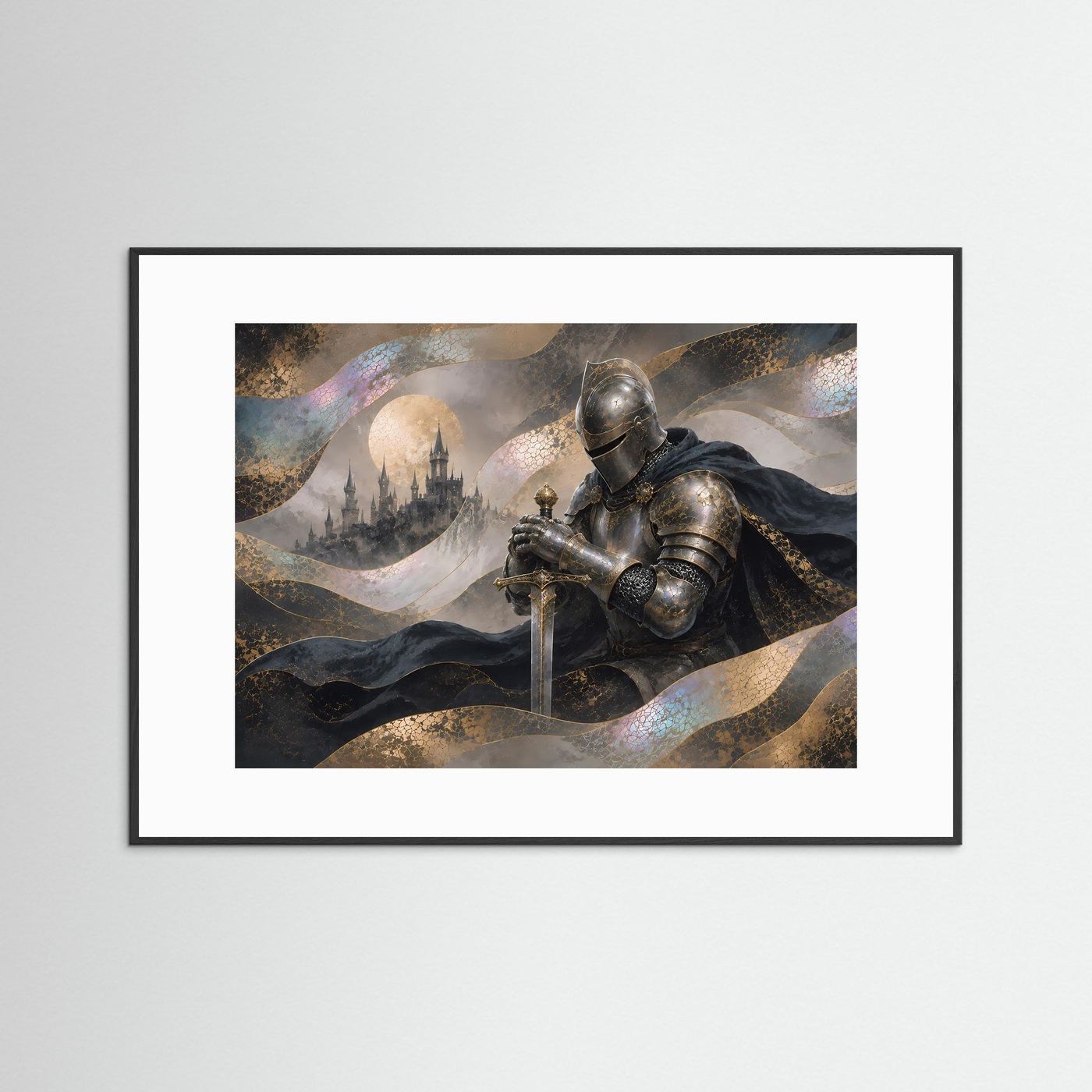 Mystischer Ritter vor Schloss | Mittelalterliche Fantasy-Kunst in Gold & Schwarz