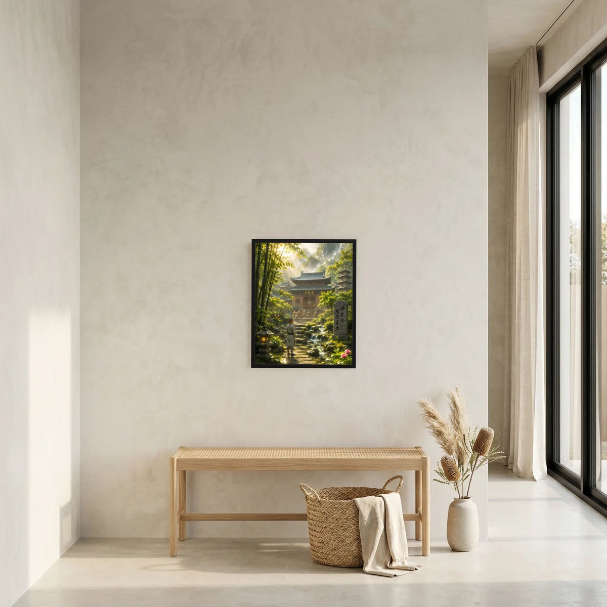 Hochformat-Poster an weißer Wand, Bambuswald mit Tempel, kleiner schwarzer Rahmen