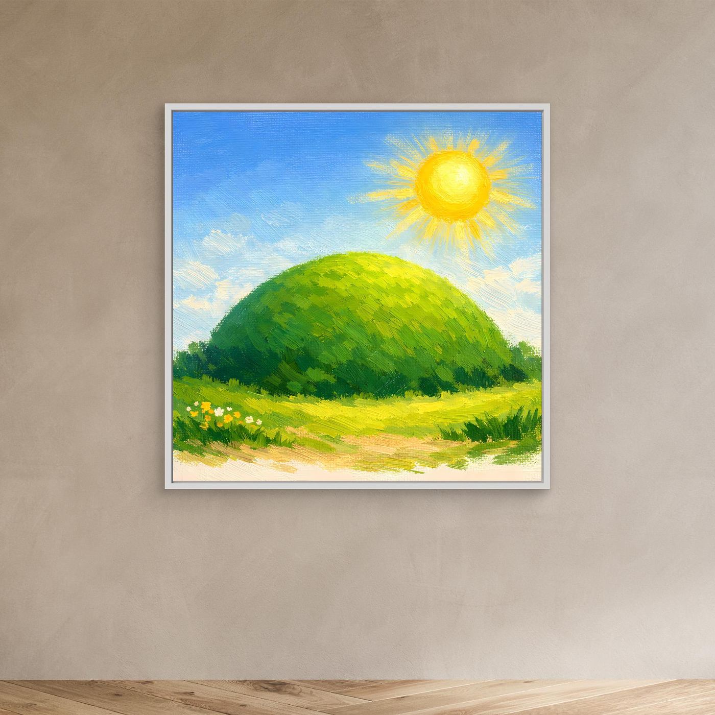 Kleines Leinwandbild mit weißem Rahmen: grüner Hügel, gelbe Sonne, Blumenwiese