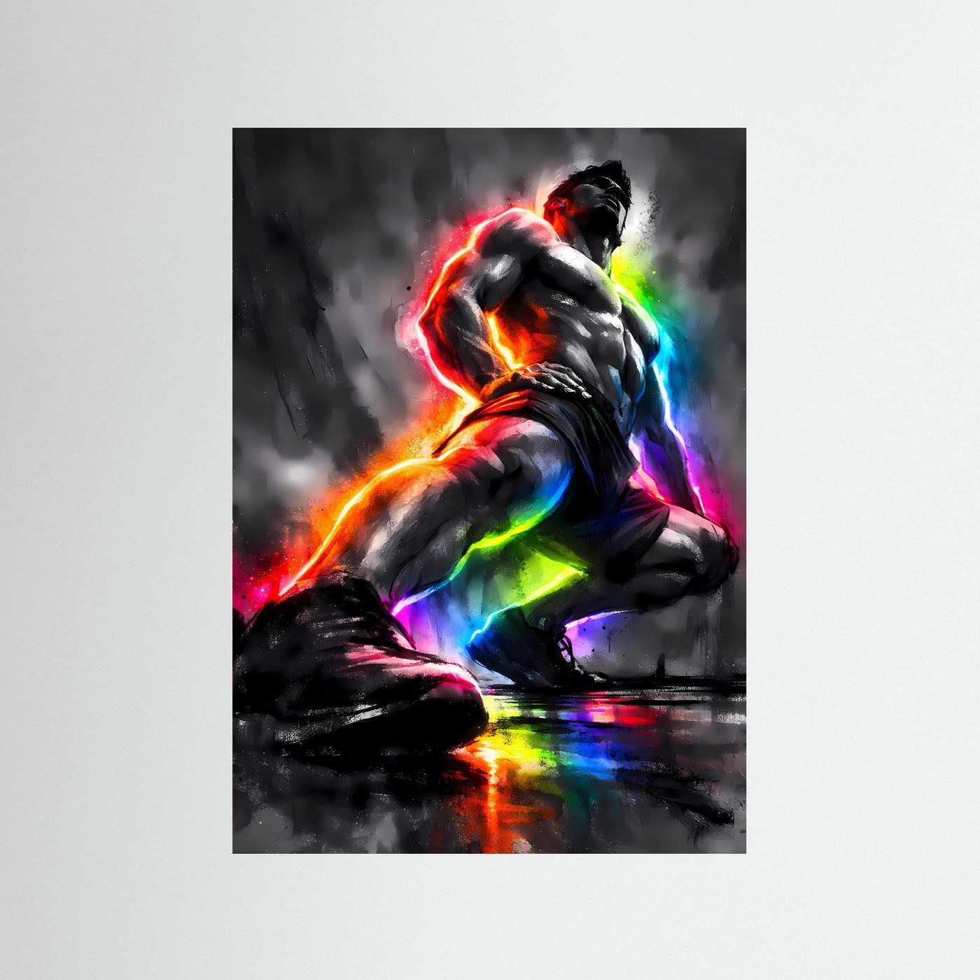 Pure Kraft & Energie | Abstraktes Fitness & Bodybuilding Poster in Regenbogen-Neonfarben | Modernes Kunstposter Hochformat