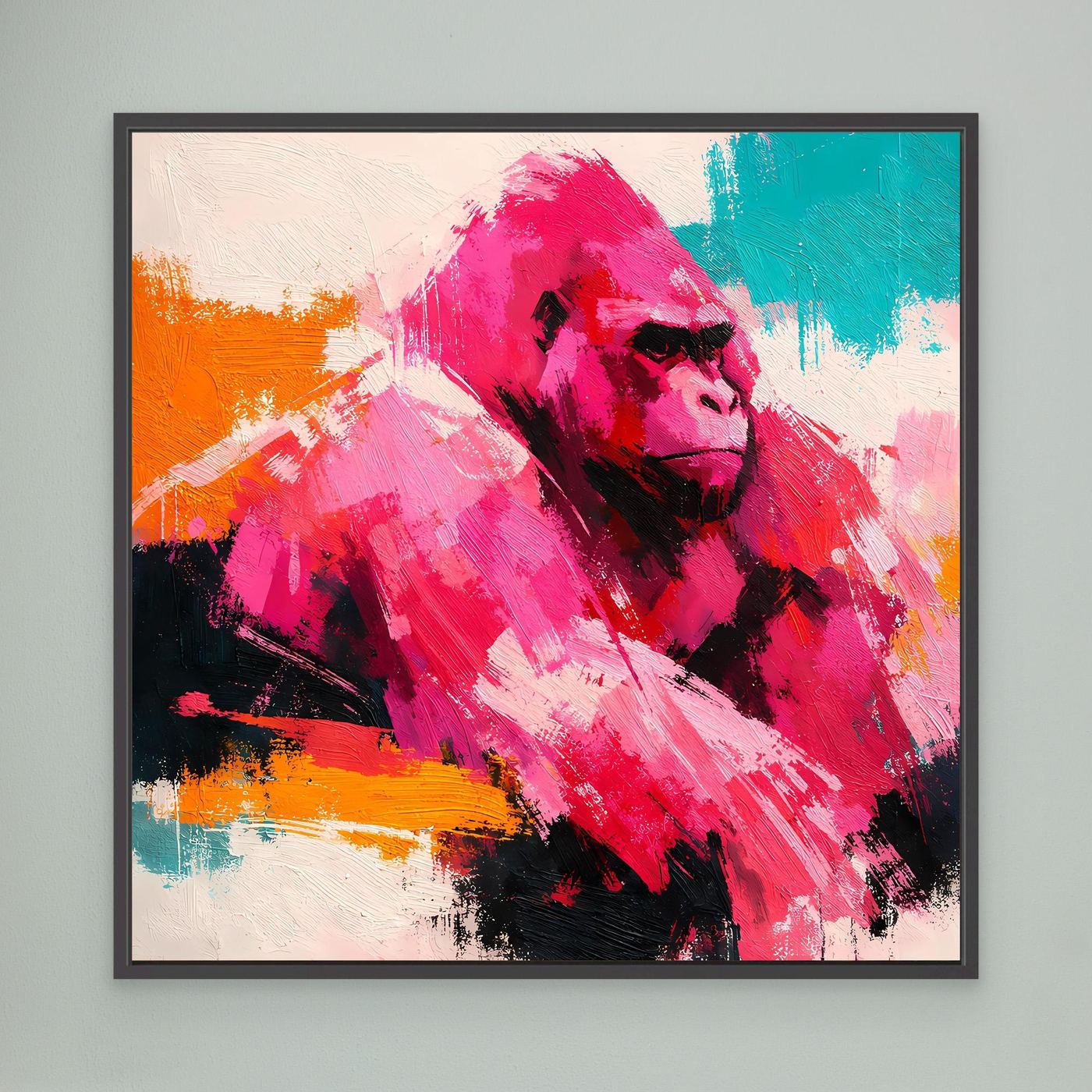 Leinwandbild mit abstraktem Gorillagesicht im Pop-Art-Look, schwarzer Rahmen