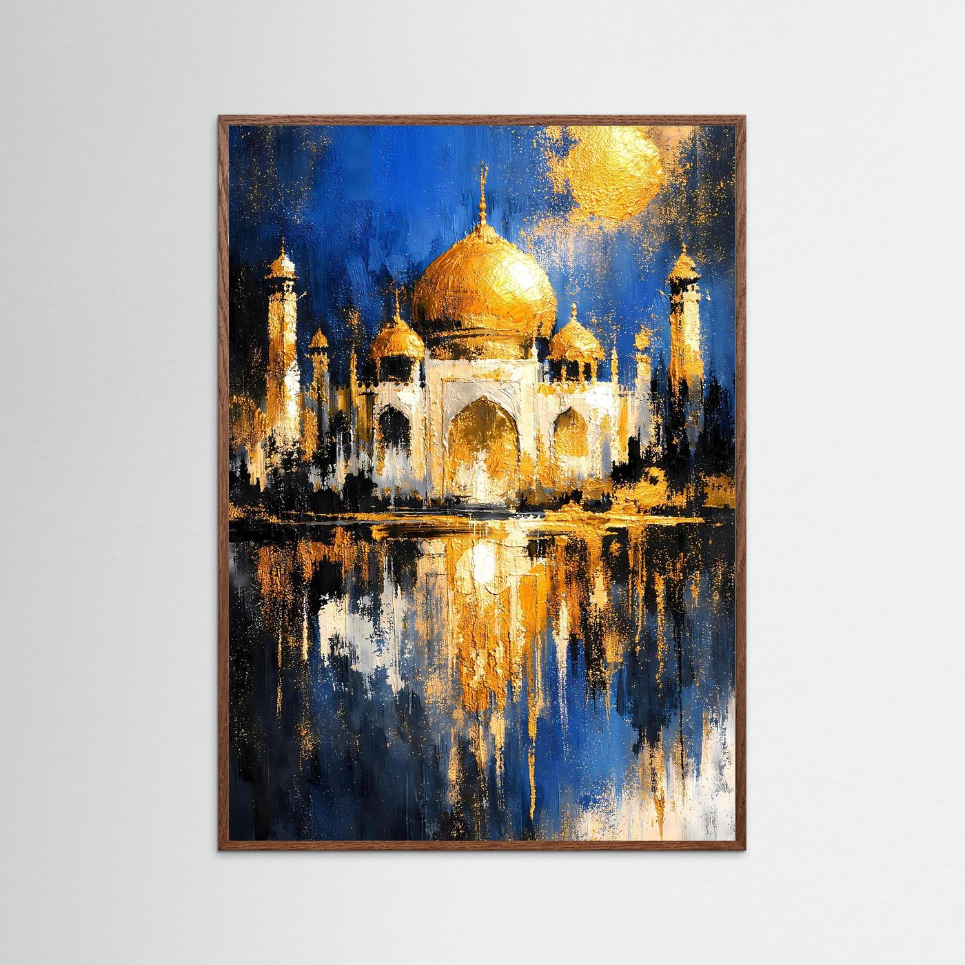 Orientalisches Architektur-Poster mit goldener Kuppel im braunen Rahmen und Wasserreflexion