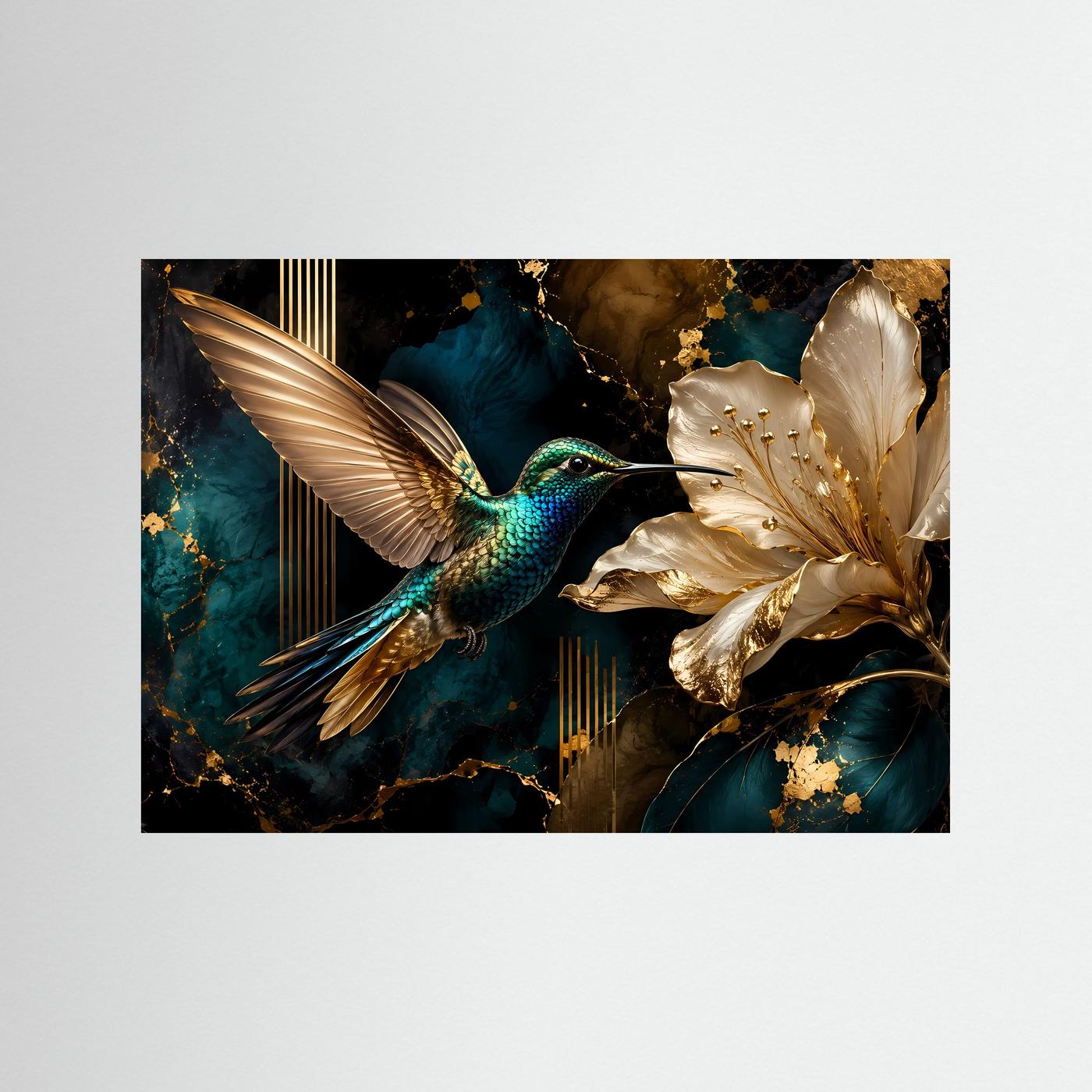 Eleganter Kolibri mit goldener Blume | Luxus Natur & Moderne Kunst Poster