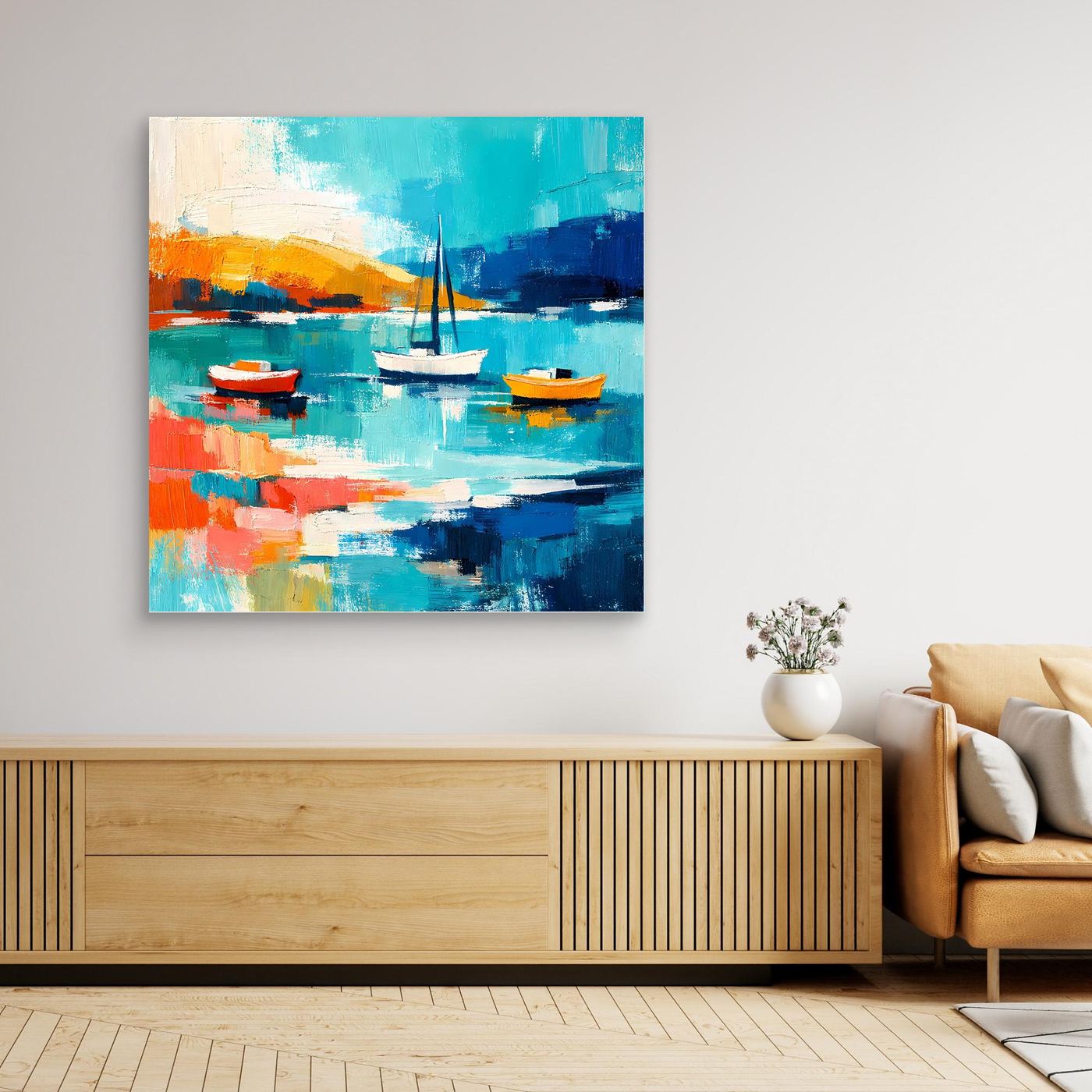 Abstract sailboat canvas wall art with teal-blue water, orange boats, and sail