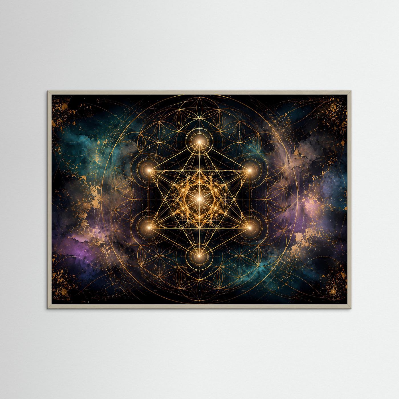 Heilige Geometrie Poster | Goldene Sacred Geometry mit Metatrons Würfel | Spirituelle Wandkunst | Kosmisches Mandala | Premium Leinwand & Wall Art