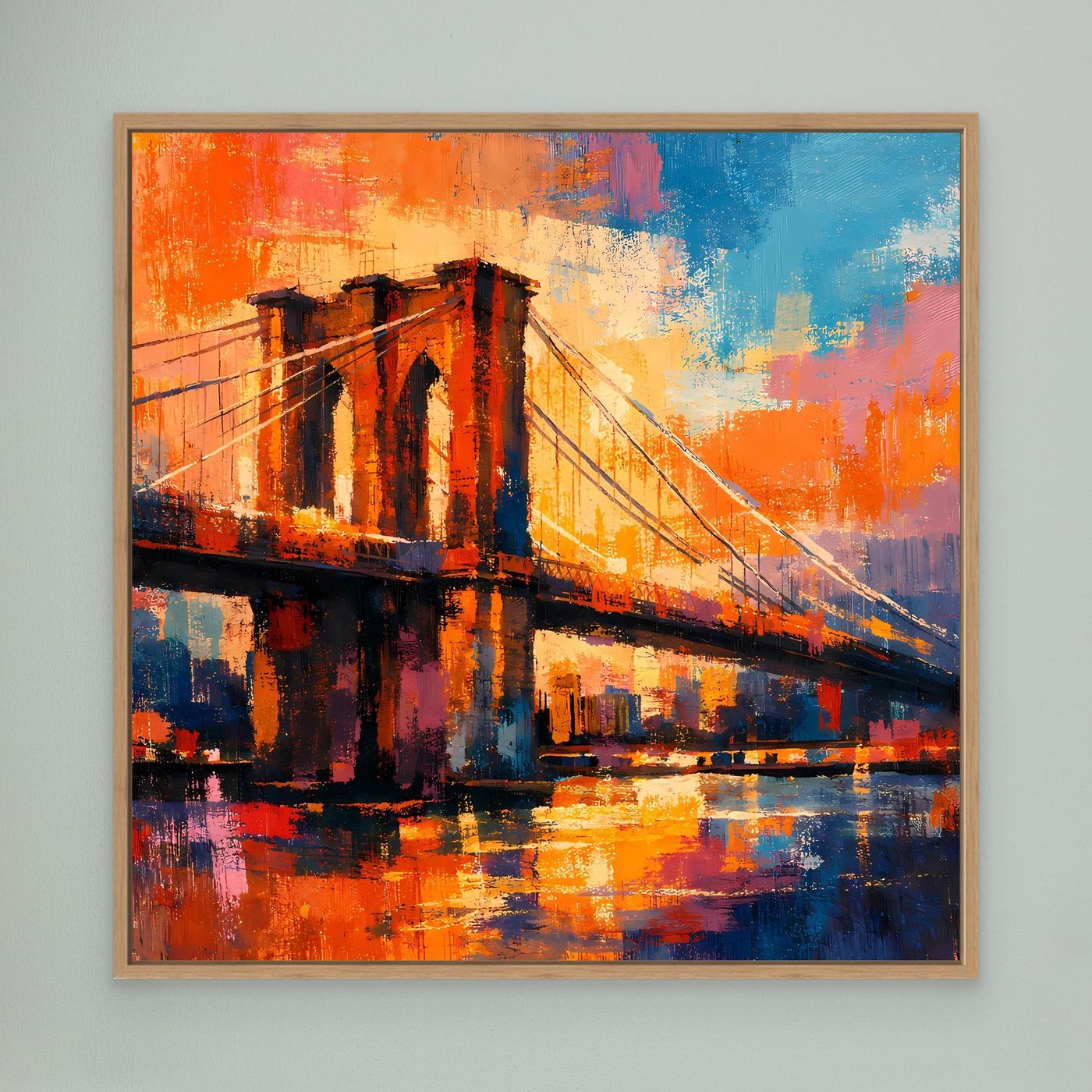 Abstraktes Leinwand-Wandbild Brooklyn-Brücke, orange-blau, brauner Holzrahmen