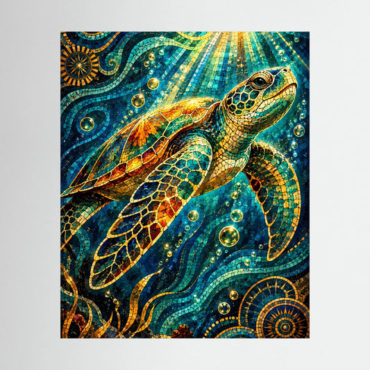 Kunstposter Meeresschildkröte im Mosaik, türkis-gold, mit Blasen und Lichtkreisen