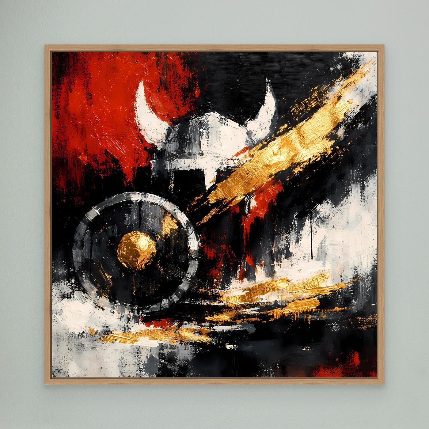 Leinwandbild mit Wikingerhelm und Schild im abstrakten Stil, Eichenrahmen