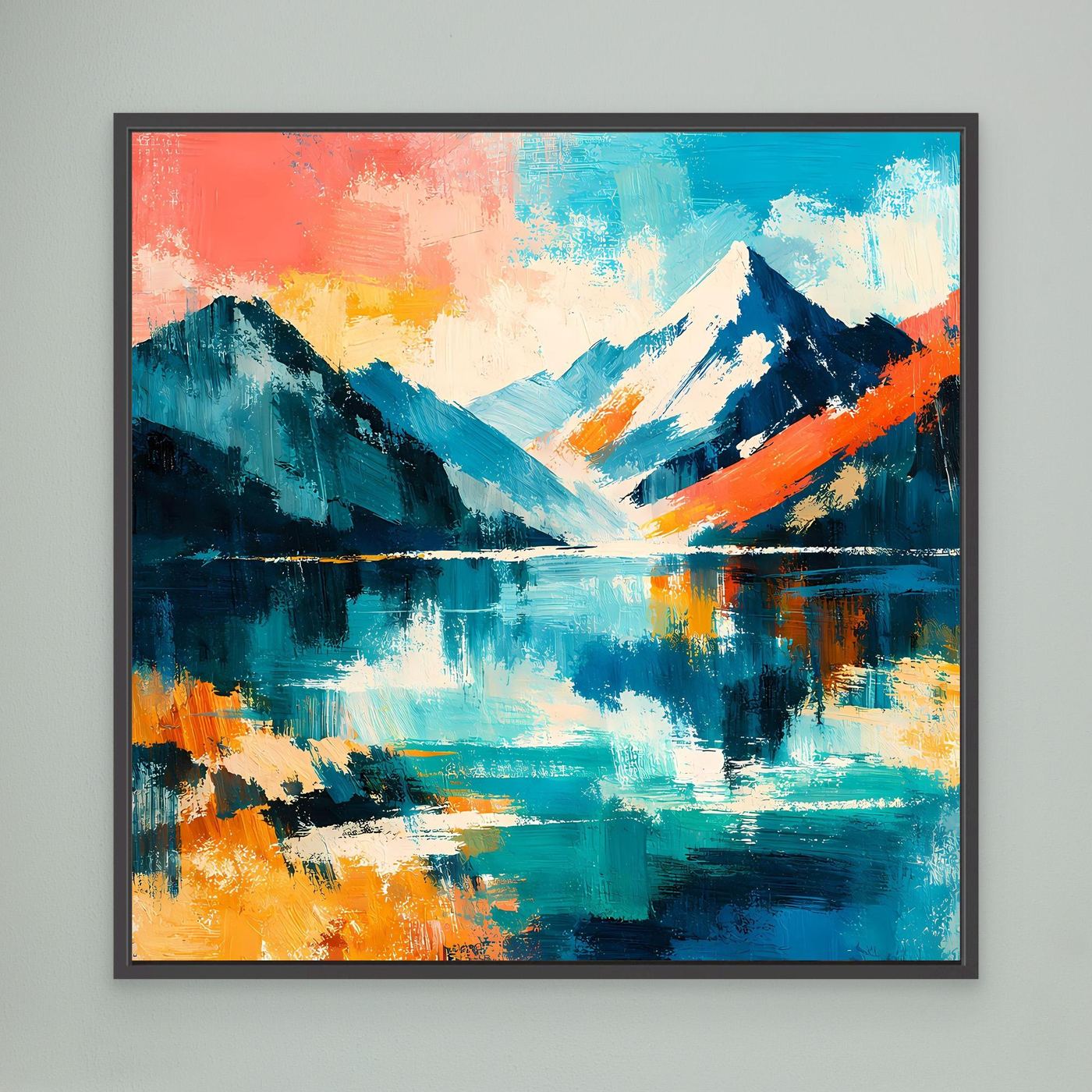 Gerahmtes Leinwand-Wandbild mit abstrakter Bergwelt und See, schwarzer Rahmen