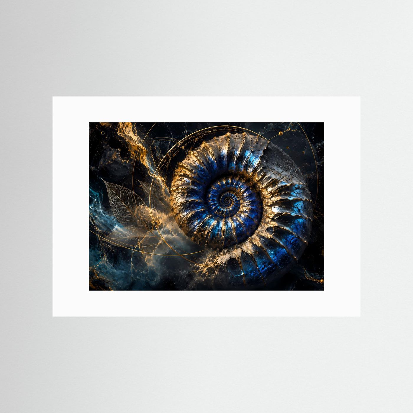Goldener Ammonit in Tiefblau | Luxuriöse Fossil Kunst mit kosmischer Eleganz