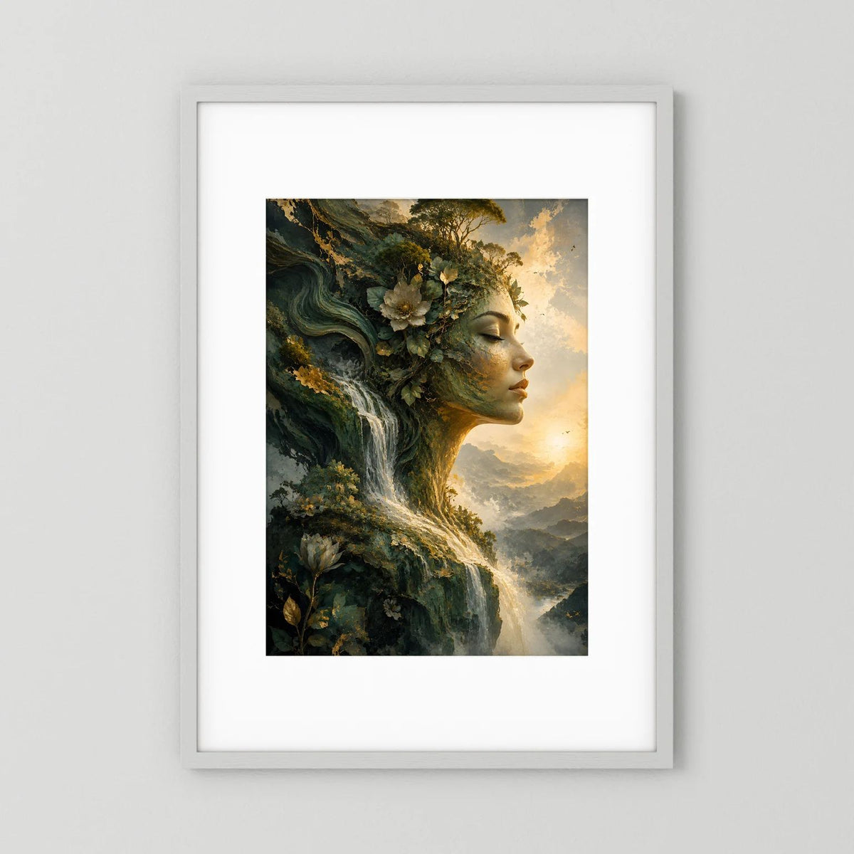 Wandbild-Poster mit mystischer Frau im Profil, umgeben von Wald und Wasserfall, im weißen Rahmen