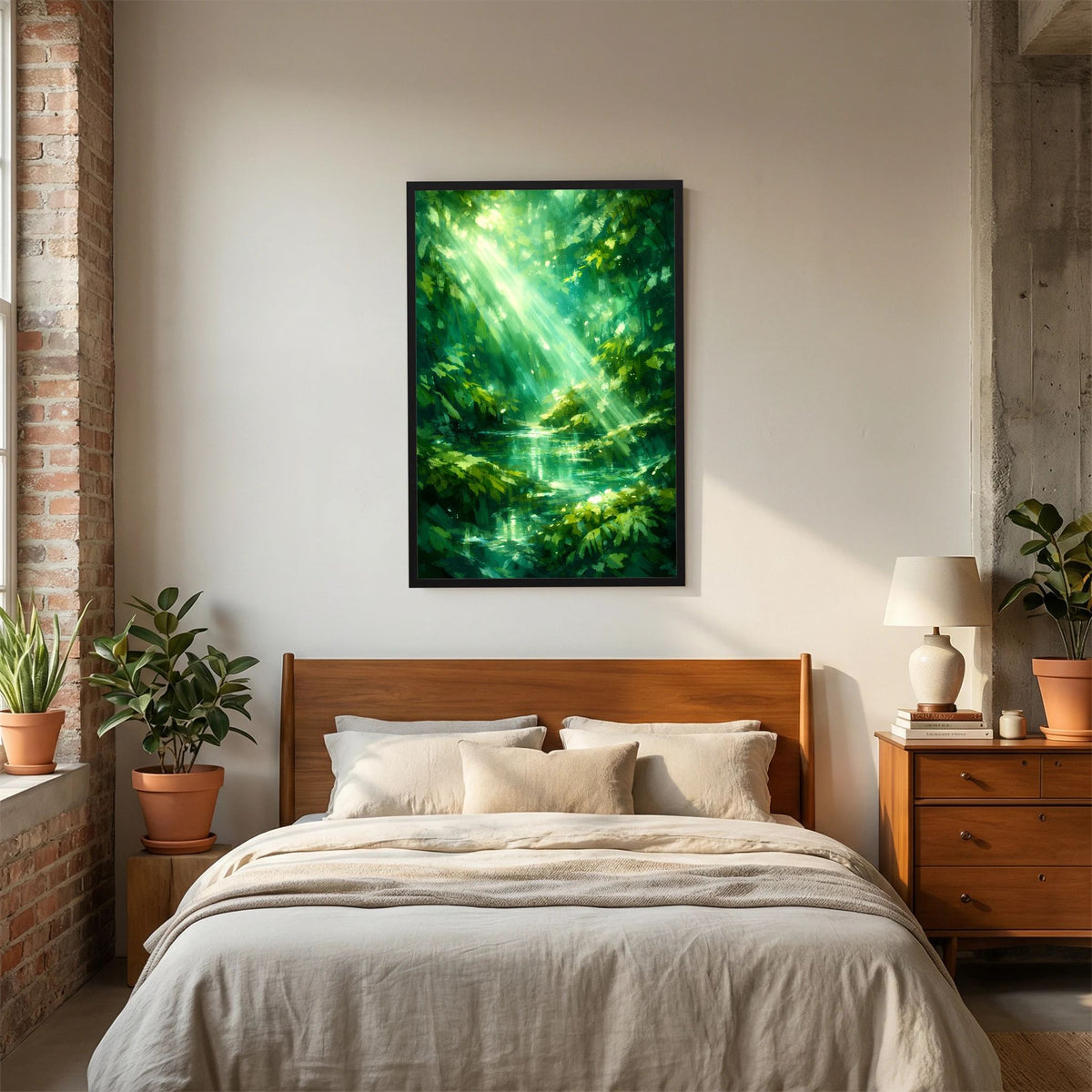 Poster im schwarzen Rahmen mit Waldsee in Grün und sichtbaren Sonnenstrahlen